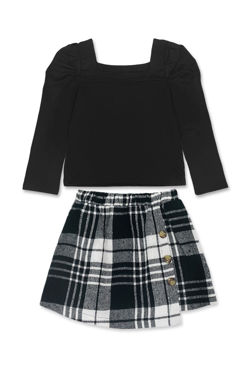 Kids 2 Piece Black Plaid Skirt & Top | Girls Long Sleeve & Skirt Set