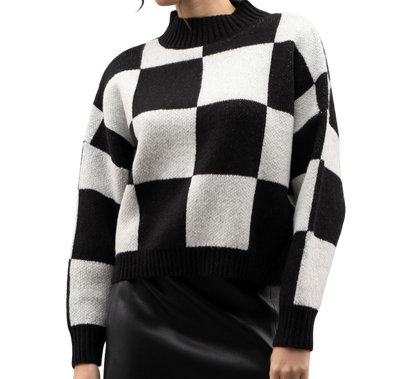 Women's Checkered Knit Sweater | Black and White High Crewneck