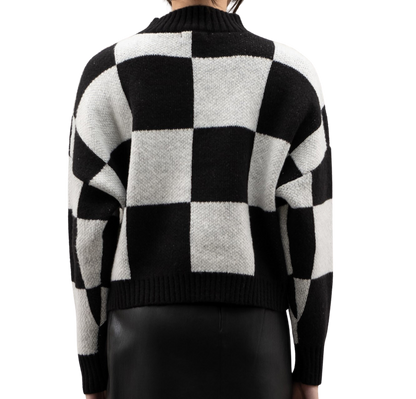 Women's Checkered Knit Sweater | Black and White High Crewneck