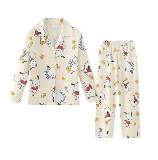 A Kawaii Pajama Set for Kids | Childrens Long Sleeve Shirt with Pj Pants 2-Piece Sleepwear (Sanrio Pochacco)